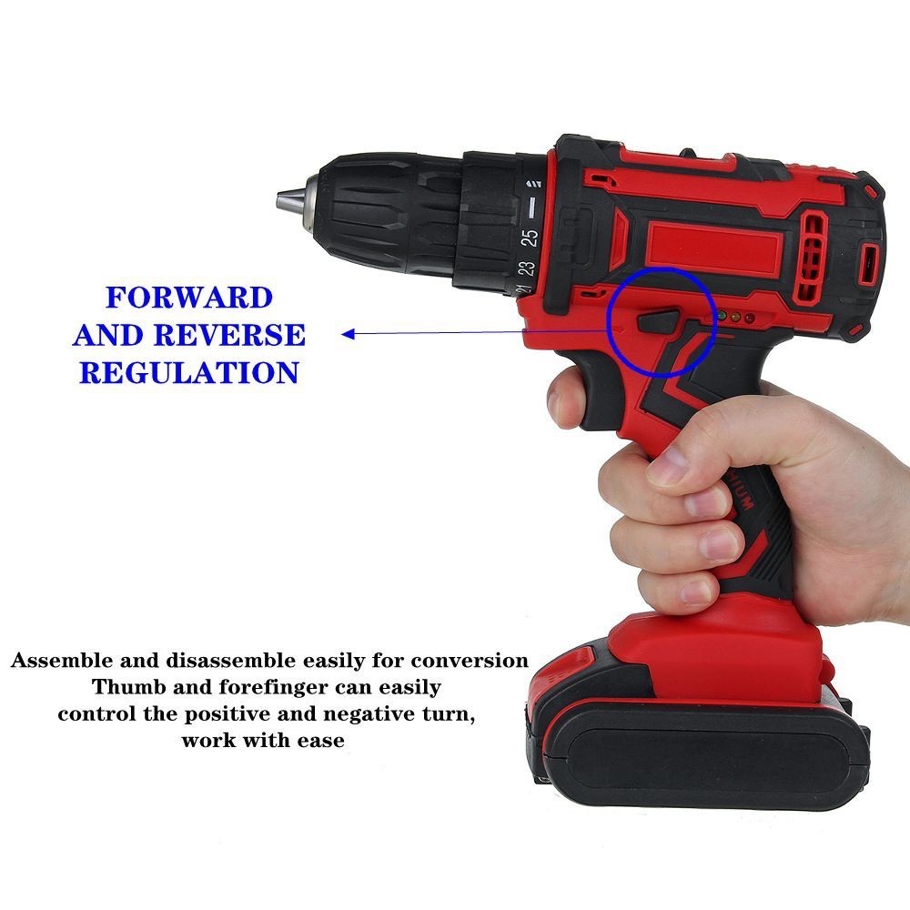 48V Cordless Drill Electric Drill Wall Drill with 25 Pieces Tools Set 25 Torque level LED