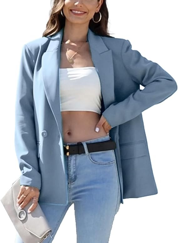 TRNY Women's Oversized Double-Breasted Suit Blazer Jacket Long Sleeve Casual Boyfriend Style Work Office Blazer with Pockets