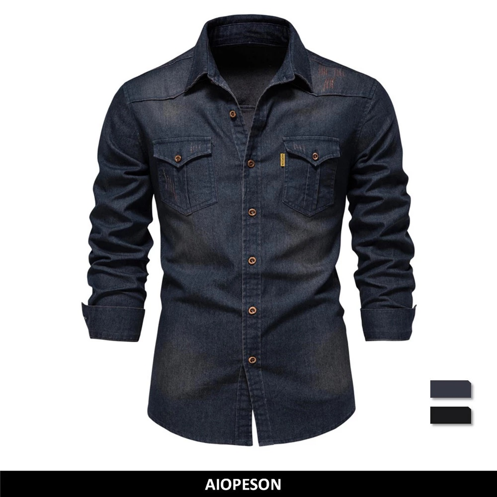 AIOPESON Elastic Cotton Denim Shirt Men Long Sleeve Quality Cowboy Shirts for Men Casual Slim Fit Mens Designer Clothing