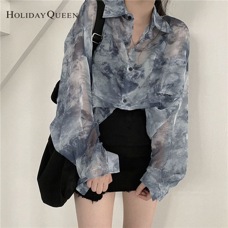 HolidayQueen Tie-Dye Shirt Spring Top Women's Design Small Long Sleeve Sunscreen Shirt Retro Loose Thin Port-Style Shirt Women Free Shipping HQ1707