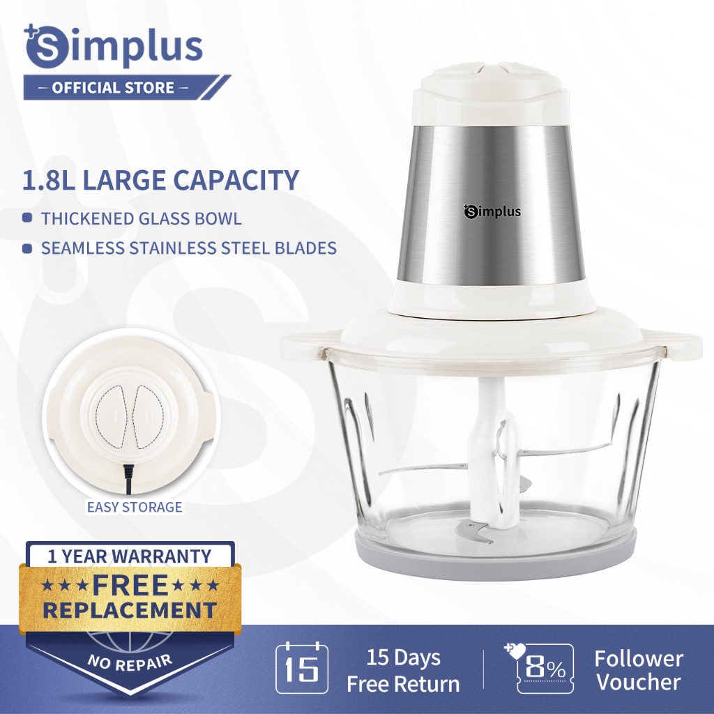 Simplus  Meat Grinder  1.8L Glass Bowl Food Chopper Processor Mixer Mincer 4 Blades Stainless steel