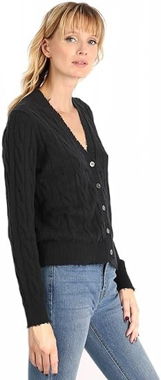 Minnie Rose Women's Long Sleeve V Neck Cotton Frayed Cardigan Sweater