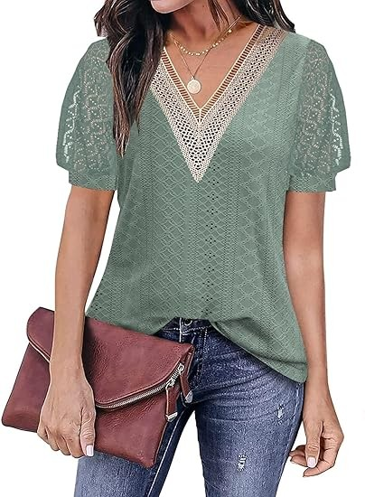 Womens Tops Casual Cute Tops Puff Sleeve Summer Tops 2024 Trendy Solid Color Lace V Neck Short Sleeve Shirts