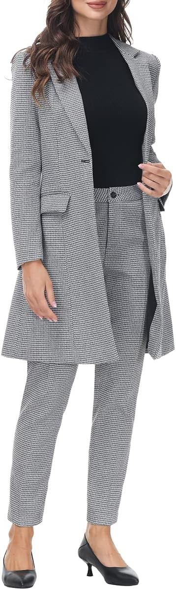 MODFUL Women's 2 Piece Long Blazer with Pants Set Small Plaid Elegant Suit Set for Casual Business Office